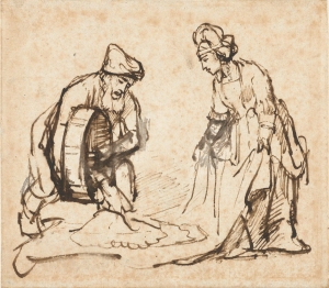 Boaz pouring Six Measures of Barley into Ruth's veil (1645) by Rembrandt Harmensz. van Rijn 